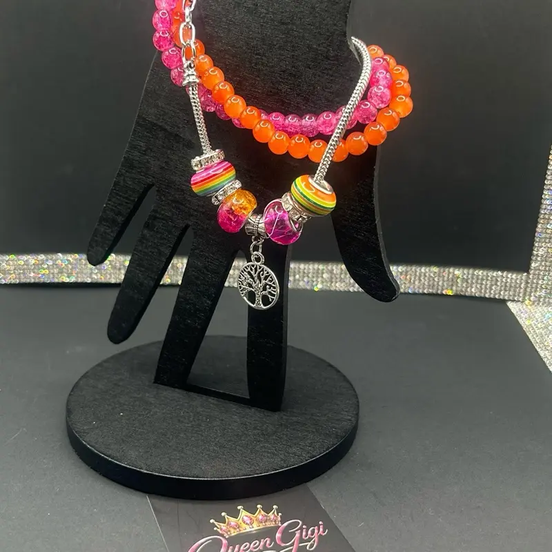 Snake Bracelet- Orange & Dark Pink  Tree of life Charm Set with 2 Matching Bracelets