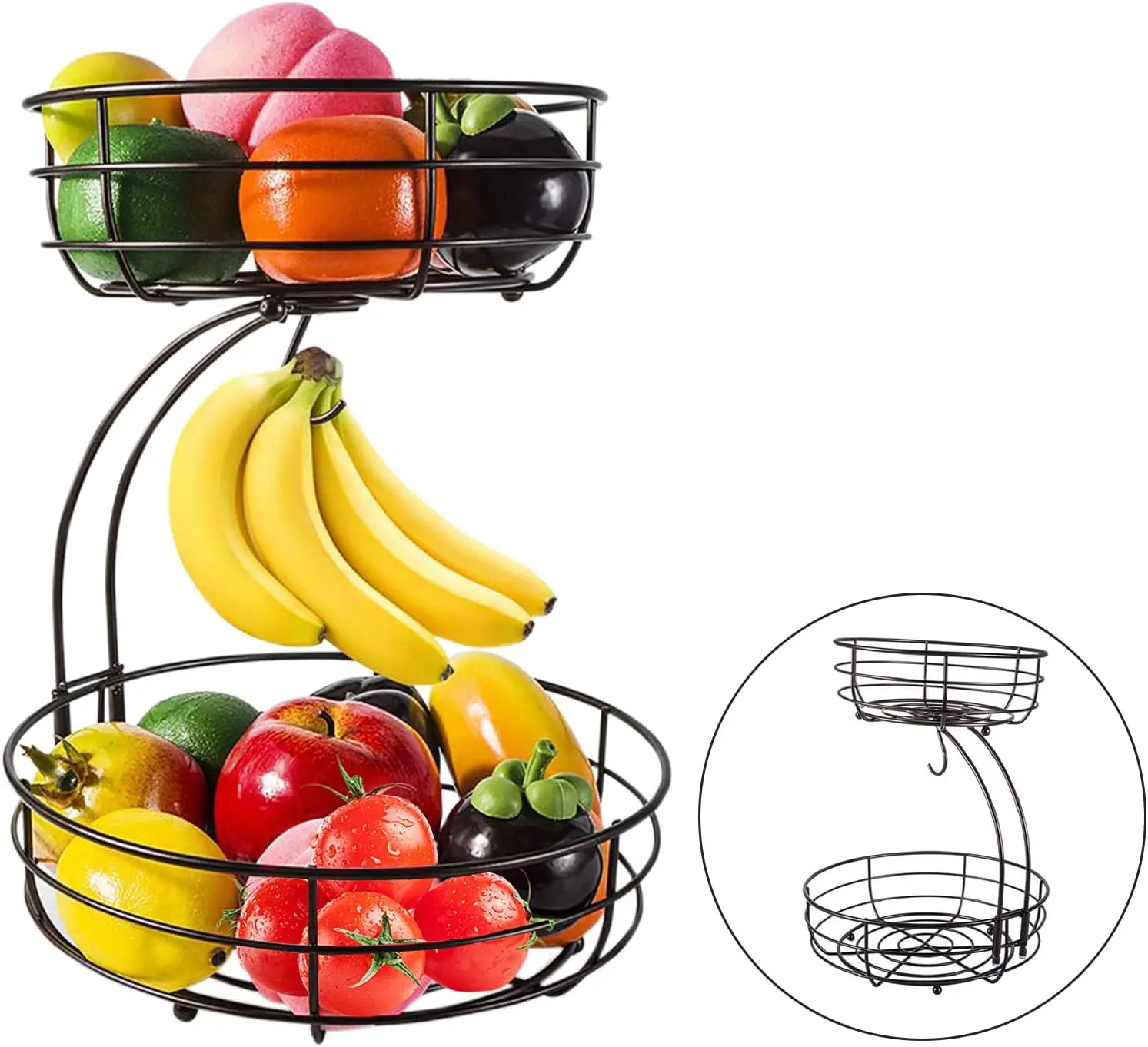 2-Tier Banana Fruit Basket, Kitchen Countertop Metal Wire Storage Organizer, Double Layer Breathable Fruit and Vegetable Holder Rack, Snack Display Stand for Living Room