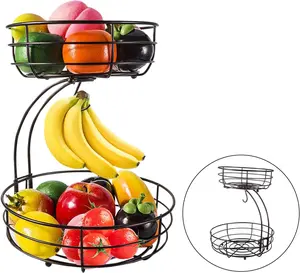 2-Tier Banana Fruit Basket, Kitchen Countertop Metal Wire Storage Organizer, Double Layer Breathable Fruit and Vegetable Holder Rack, Snack Display Stand for Living Room