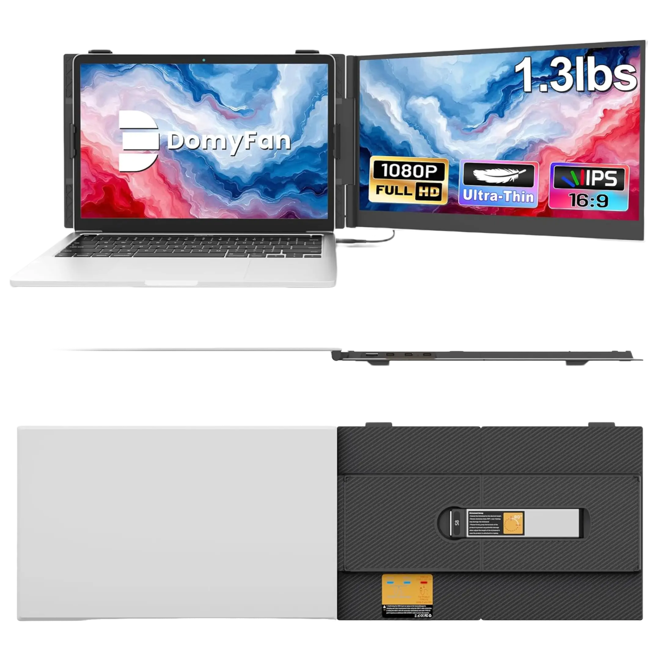 domyfan 14" Laptop Screen Extender, Ultra-Thin Portable Dual Laptop Monitor Extender with FHD 1080P IPS Display, Plug & Play via HDMI/USB-A/Type-C for 13-17" Laptops, Works with Windows/Mac/Android tiktokshopbacktoschool