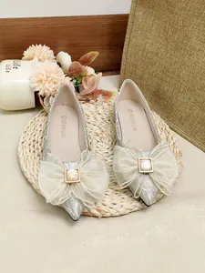 Silver Color Pointed Toe Flat Shoes, Mesh Bow Square Buckle Soft Sole, Elegant Casual Women's Shoes for All Seasons