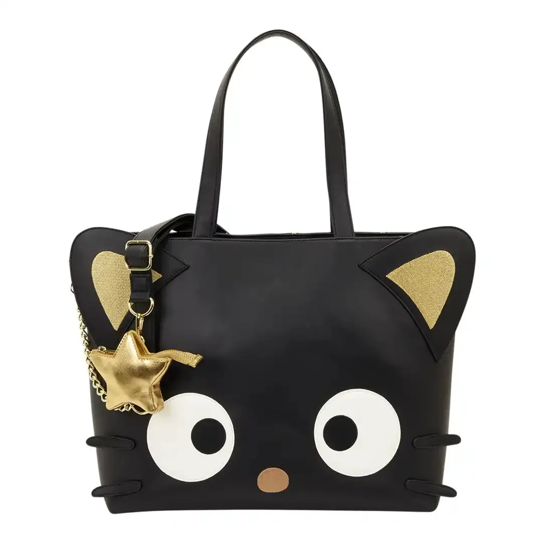Loungefly Sanrio Chococat Stars Graphic 15" Wide Tote - Metallic Faux Leather Crossbody Purses with Detachable Coin Bag, Adjustable Strap, Embroidery, All Over Print, Zipper, Casual Lightweight Gold Shoulder Bag, Hand Wash Only
