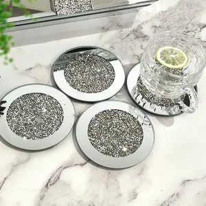 4 PCS Glass Mirrored Coaster, Crushed Diamond Round 4" Cup Mat, Decorative Tabletop Decor for Bar Tools Dining Table