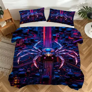 2/3Pcs Neon Tech Spider Duvet Cover Set, Cyberpunk Style Bedding Set (1 Duvet Cover, 1/2 Pillowcases, Pillow Insert Not Included), Zipper Closure, Soft Microfiber Bedding Suitable for All Seasons, Ideal for Boys' Bedrooms, Dormitories, and Apartments.