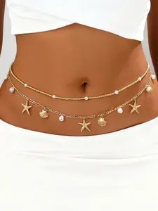 2 Piece Set，Boho Style Ocean Series Shell & Starfish Beaded Waist Chain Set, Women's Fashion Accessory, Jewelry, Seashell