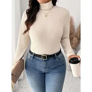 Women Plus Size Fitted Turtleneck Ribbed Long Sleeve T-Shirt, Versatile And Elegant Fashion Fabric Womenswear