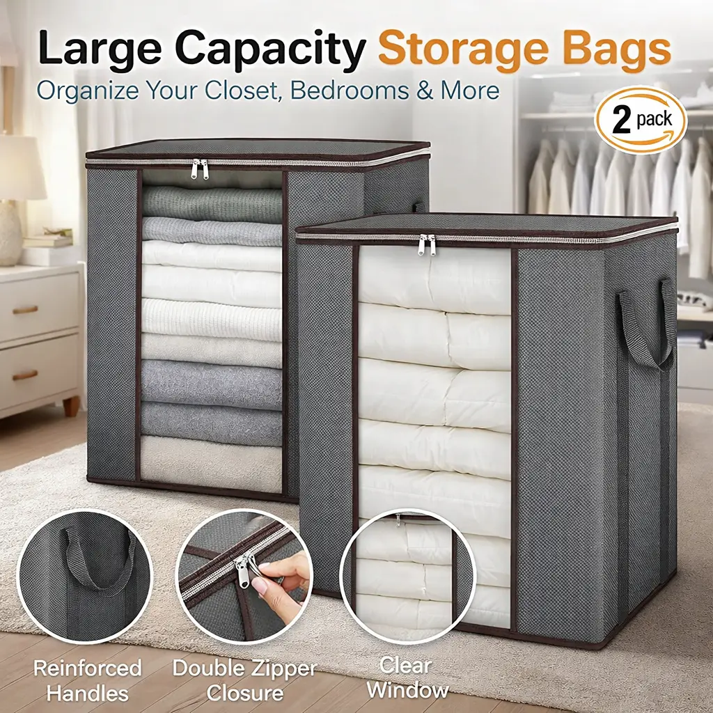 Extra Large Blanket Storage Bags – 120L 2 Pack Comforter Storage Containers with Reinforced Handles, Breathable Clothes Storage for King Comforter Bedding Pillows Sheets, Grey