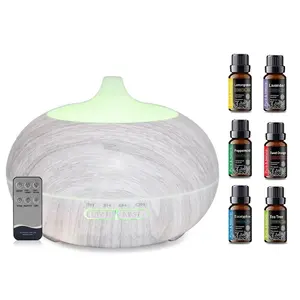 Modern Wood Grain 550ml Essential Oil Diffuser & Air Humidifier with Auto Shut Off, 7 LED Colors, Remote operation Control, and 6 Bottle Oil Set - Aromatherapy Machine & Air Purifier timer setting Aromatherapy Diffuser with Lights Aroma plant Diffuser