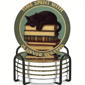6-Piece Cat & Book Coaster Set, Ceramic Non-Slip Heat Resistant, Ideal for Coffee & Drink Home Decor, Perfect Birthday or Holiday Gift