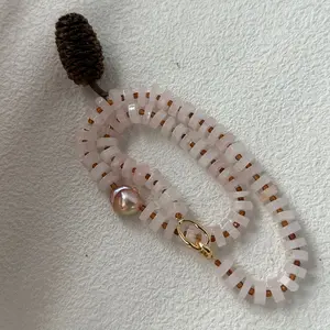 Rose Quartz & Baroque Pearl Necklace for Women Blush & Aurora Colors One-of-a-Kind Fine Jewelry