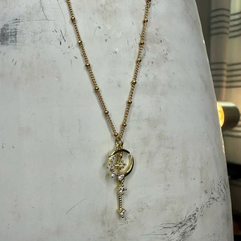 Cameron Studio Gold-Filled Satellite Chain Necklace, CZ Crescent Moon and Stars Drop Pendant with Lobster Clasp