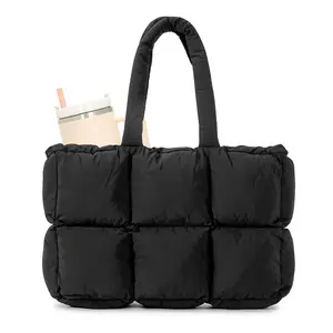 Herald Puffer Tote Bag for Women, Large Quilted Puffy Handbag Lightweight Satchel Purse with Cup Holder & Compartment