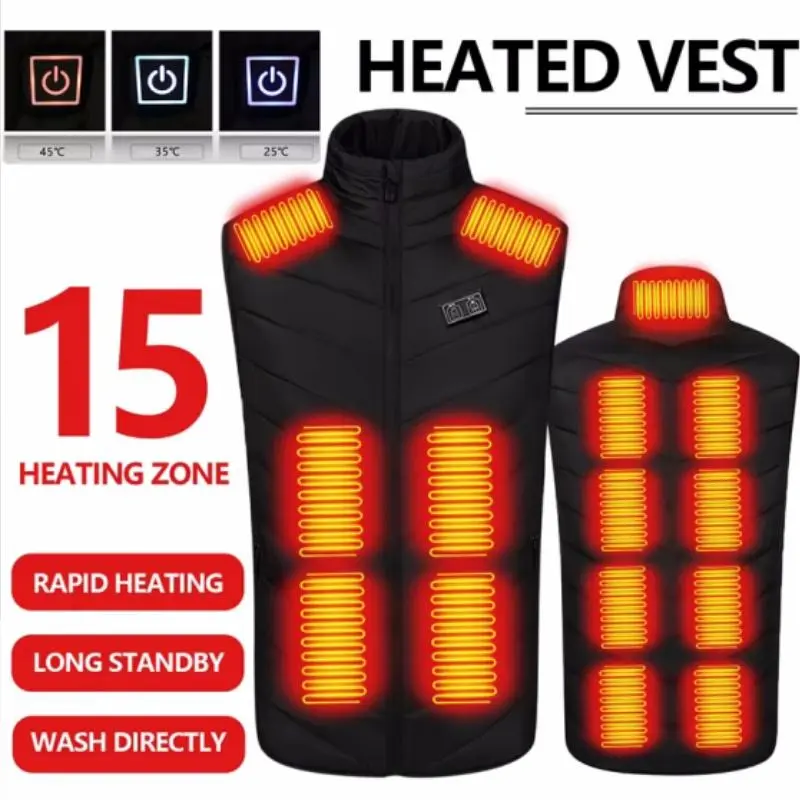 Men's 15-Zone Heated Gilet - Breathable Polyester Intelligence Vest, 3 Heat Settings, USB Power Supply, Mobile Power Storage Pocket, Machine Washable with Neutral Detergent, L-7xl, Prevent Cold Keep Warm for Cold Weather