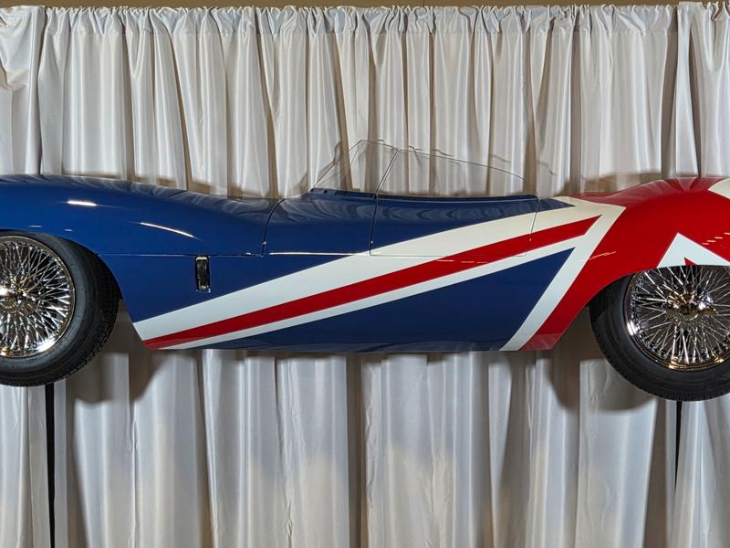 1955 Jaguar D-Type Classic Wall Art work with Union Jack Livery Dayton Wire Wheels