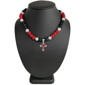 Iced Bling Disco Ball Rhinestone Crystal Beaded Baseball Drip Red White Black Out Necklace + Iced Red Ruby Cross Pendant