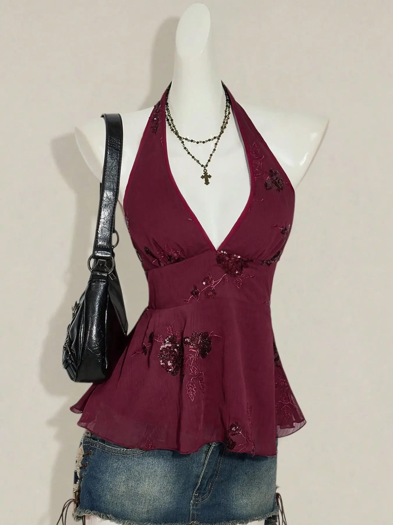 Spring Summer Women's New Fashion Feminine Elegant Sleeveless Fitted Deep V Camisole Sequined Rose Embroidered Waist Cinching Ruffle Backless Vest Top, Womenswear, Embroidery, Lady, Backless Slim Cami