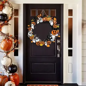 New Halloween Wooden Bat Wreath Lantern Pumpkin Hanging Decor, Perfect for 11 Holiday Occasions, Spooky Decoration for Home & Party