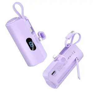 Portable Charger 5000mAh Digital Display Power Bank USB C Input Output 2 Outputs Mini Battery Pack with Built-in Phone Stand & Cable for iPhone 17 16 15 14 Samsung iPad Smartphone