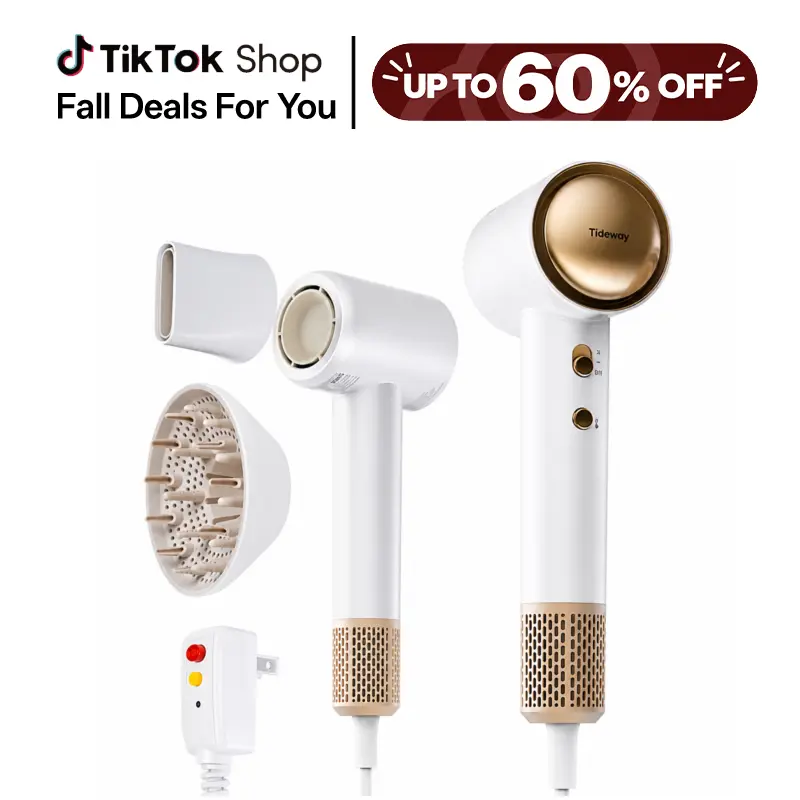 Tideway SilkJet Pro High-Speed Ionic Blow Dryer - Upgraded Pro (Gold) with Diffuser, 110000 RPM Brushless Motor, Thermal Protection, Anti-Frizz, 4 Adjust Temp Settings, Optimized Airflow, Cooling Function #TikTokShopBackToSchool techvibes