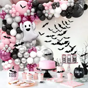 Pink Halloween Balloon Garland Kit for Girls - 175Pcs Grey, White, Black Balloons, 3D Bat Stickers & Ghost Balloon - Birthday Party Decorations