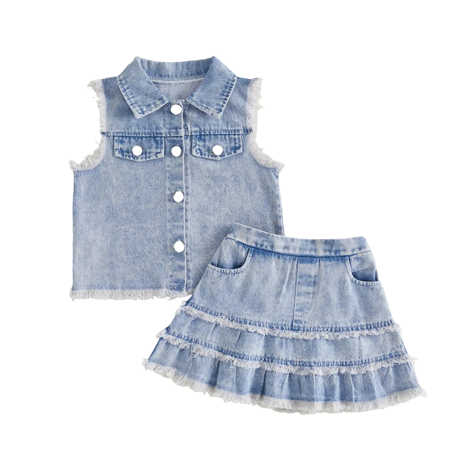 Toddler Girl 2-Piece Denim Skirt Set - Button-Down Jean Jacket, Sleeveless Top, Ripped Skirt, Kids Clothing Girls, Summer Outfit, 1-6T, 5-6 Years, Ripped Look, Cotton Blend, 2 - 3 Years