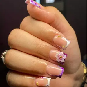 10pcs Y2K Style 3D Purple Floral Short Press On Nails, French Nail Art, Handmade French Square Nails, Nude Pink Base Color With Purple Floral Decor, 3D Flower Design With Gold Bead Elements, For Winter & Autumn, Great Gift For Women & Girls