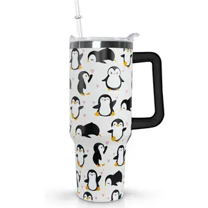 Ceovfoi 40 Oz Penguin Tumbler With Handle, Coffee Travel Mug Cup Water Bottle, Penguin Decor and Gifts for Women