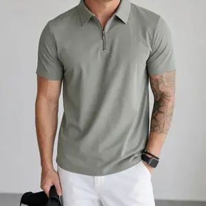Men's Summer Dry Fit Moisture-Wicking Fabric Half-zipper poloShirt Menswear Stylish Ribbed Sleeve Polo Top