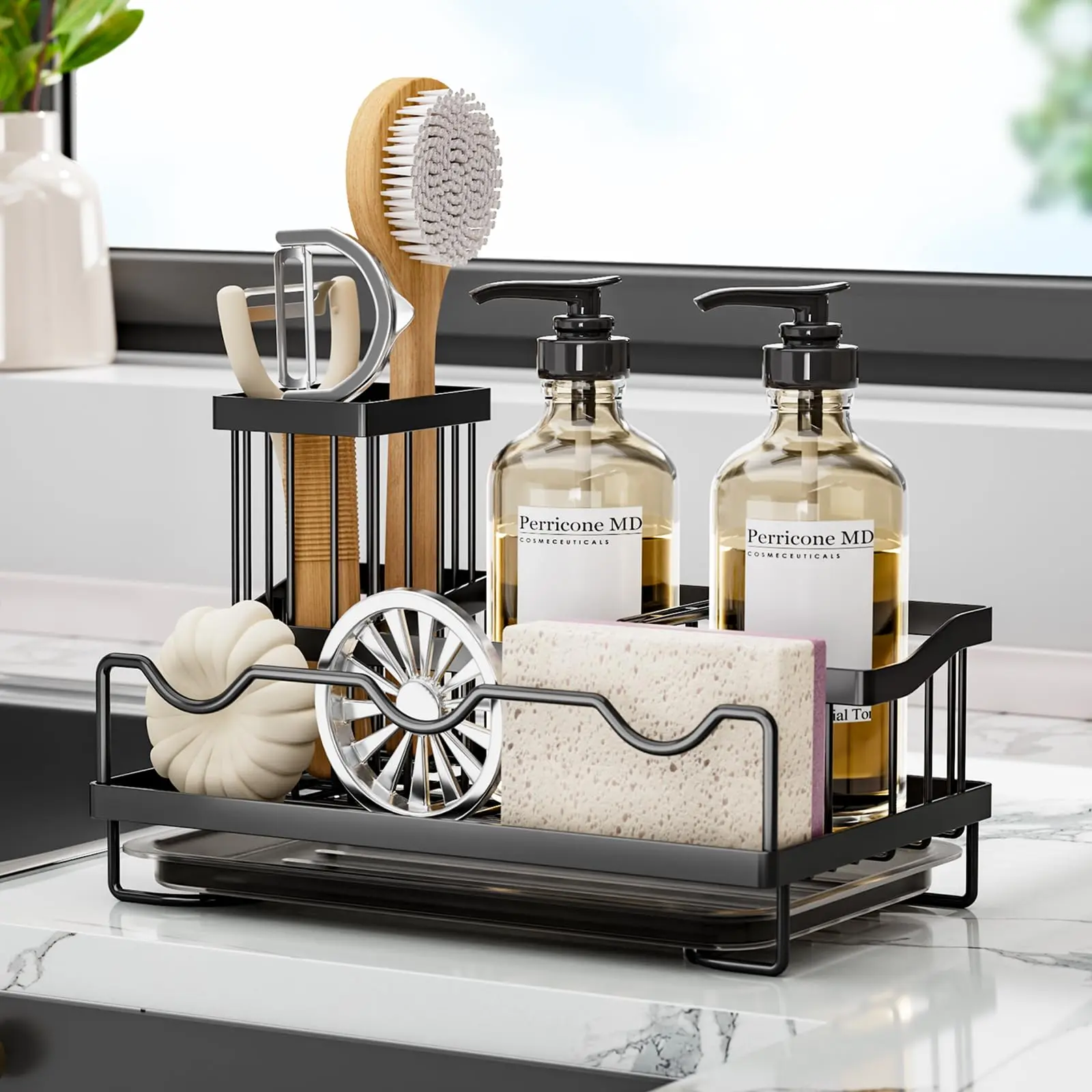 Stainless Steel Rotatable Freestanding Kitchen Sink Sponge Holder Rack - Rust-Resistant, Space-Saving Countertop Organizer with High Brush Holder, Non-Slip Modern Sleek Soap Dispenser, Efficient Drainage (Black, 9.65x5.91x5.91") for Kitchen