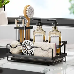 Sponge Holder,Kitchen Sink Caddy Organizer with High Brush Holder, Stainless Steel Kitchen Countertop Organizers and Storage Accessories,Soap Dispenser Organize (Black, 9.65"*5.91"*5.91")