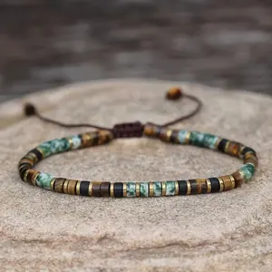 Handmade Natural Green Spot Jasper Tiger eye Tibetan Beads Power Gemstone Healing Reiki Crystal Women Minimalist Bracelet