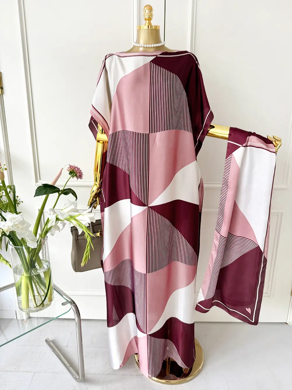 Female Woven Polyester Stretch Colorblock Print 2-Piece Long Scarf-Poncho Set - Soft Casual Polyester Shawl, Swimsuit Cover Up for Beach Vacation, Ceremony Accessory