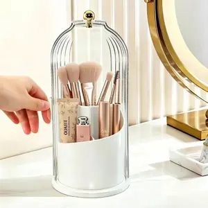 Dustproof Toothbrush Holders with Cover, 360° Rotating Electric Toothbrush and Toothpaste Holder, Clear Birdcage Makeup Brush Organizer, Bathroom Countertop Organizer for Razor Cosmetics, Vanity Storage for Bathroom Dorm Apartment, White/Grey