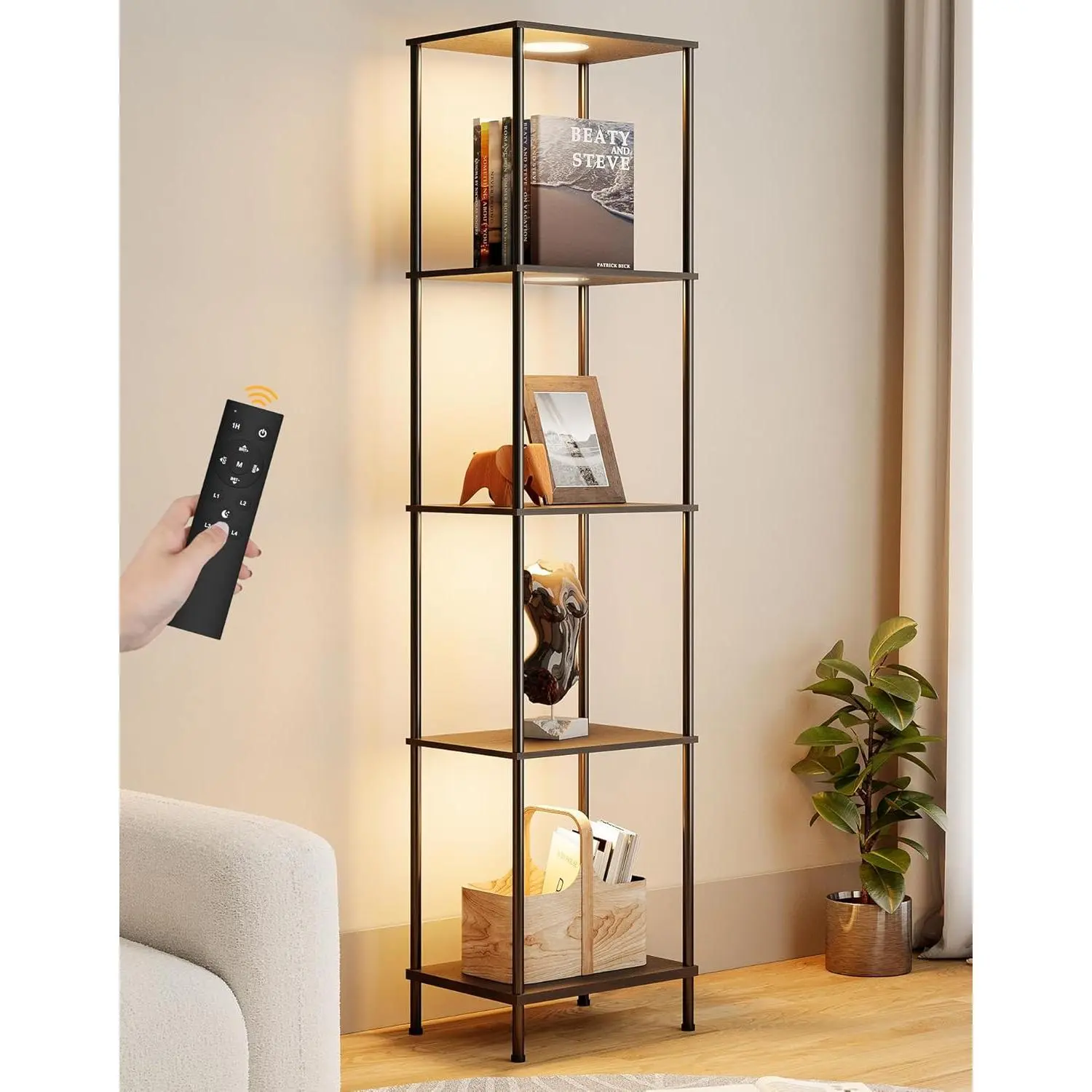 Display Shelf with RGBW Light, Color Changing Curio Cabinet Floor Lamp with Shelves Corner Standing Column Lamp Etagere Organizer Tower Nightstand Bookcase for Living Room Bedroom Office Décor Black