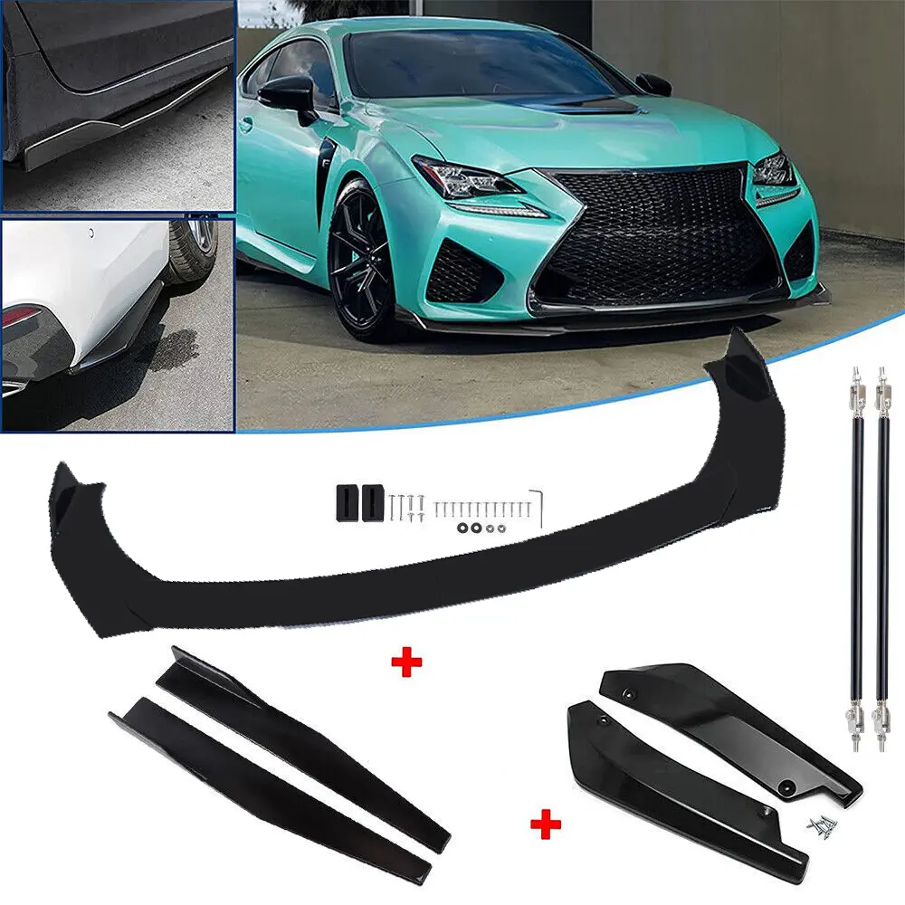 Full 4+2+2 Set Universal Fit Car Exterior Body Kit - 4Pcs Front Bumper Lip Chin Spoiler Splitter Air Dams (66.9"-76.7" Width), 2Pcs 14" Rear Lip Diffuser, 2Pcs Side Skirt Extension Rocker Panel, Glossy Black Round Corner