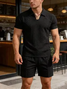 Men's Summer Heavyweight Embroidered Jacquard Checked Polo Short Sleeve Top Set, Clothes, menswear, sportswear, Casual Business Loose Fit, Shorts and Shirt Combo for Daily Wear and Gym