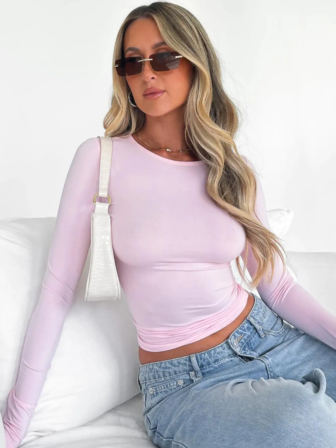 Women's New Trendy Round Neck Long Sleeve Crop Tee, Casual Crew Neck T-shirt, Summer Outfits 2024, Women's Slim-fitting Top for Band Club Music Festiv