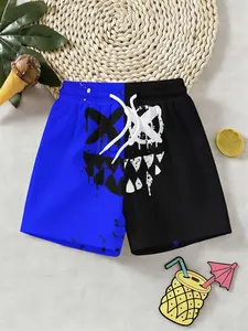 Boys Blue Colorblock Graffiti Ghost Face Full Print 3D Beach Pants, Outdoor Casual Fitted Knee Length, Holiday Gift Birthday Present