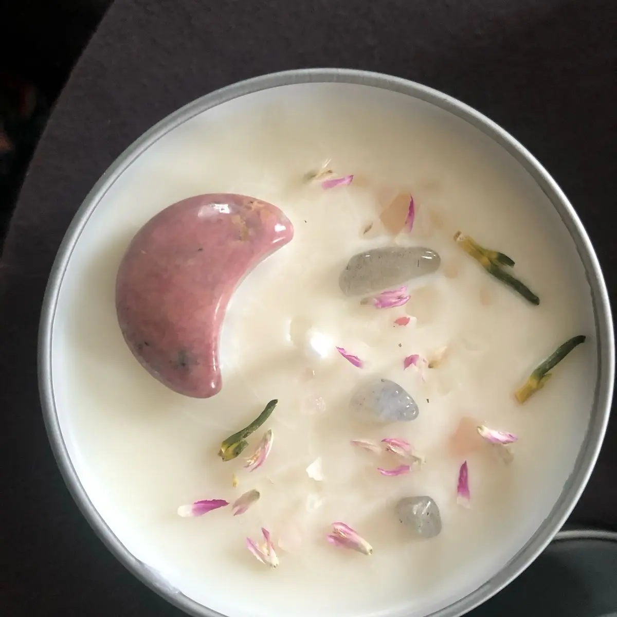 8 oz covered tin 100% Soy Wax Candle dressed in herbs, petals, crystals and flowers
