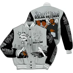 Black Wolf Grey 12s Match Varsity Jacket, Movie Boyz Street Graphic, Bold All Over Print Urban Jacket