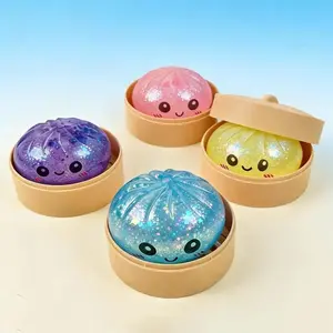 Glitter Dumpling Squishy Toy with Simulation Steamer Box, Soft Elastic Squeeze Fidget Toy, Cute Aesthetic Decor for Kids and Party Gift