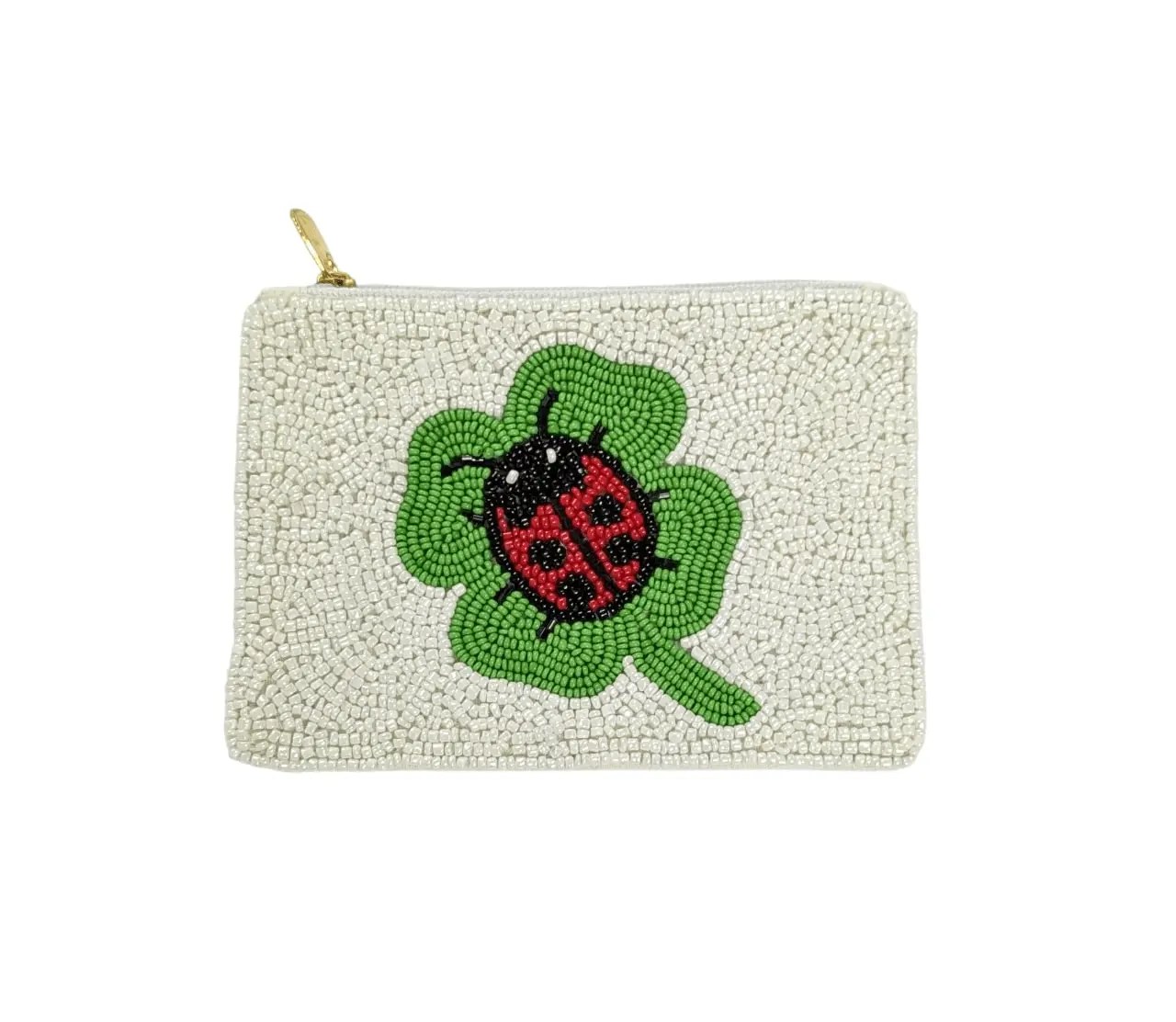 Beaded Women's Wallet, Small Clover Pattern Coin Purse with Kiss-Lock Closure, Card Holder with Ladybug Accent, Beading, Beaded Clover, Ladybug Motif, Coin Holder/Purse, Everyday Carry