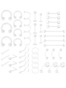 Transparent Body Piercing Kit, 48pcs/set Clear Plastic Nose Ring, Lip Ring, Earring, Navel Ring, Eyebrow Studs, Body Piercing Jewelry for Women & Men, Nose Piercings Kit