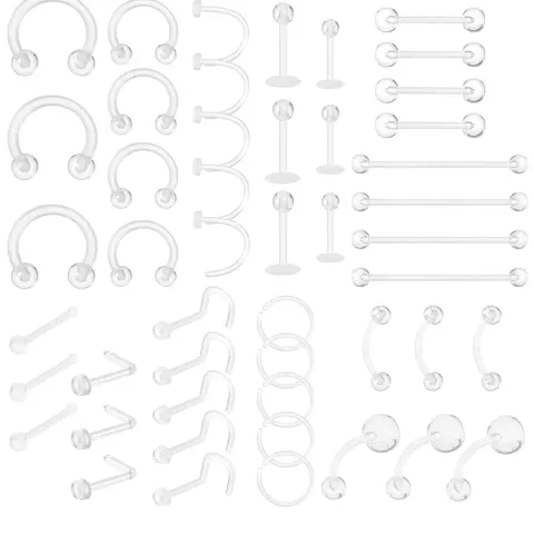 Transparent Body Piercing Kit, 48pcs/set Clear Plastic Nose Ring, Lip Ring, Earring, Navel Ring, Belly Button Piercing, Eyebrow Studs, Body Piercing Jewelry for Women & Men, Nose Piercings Kit, Piercing Party Pack