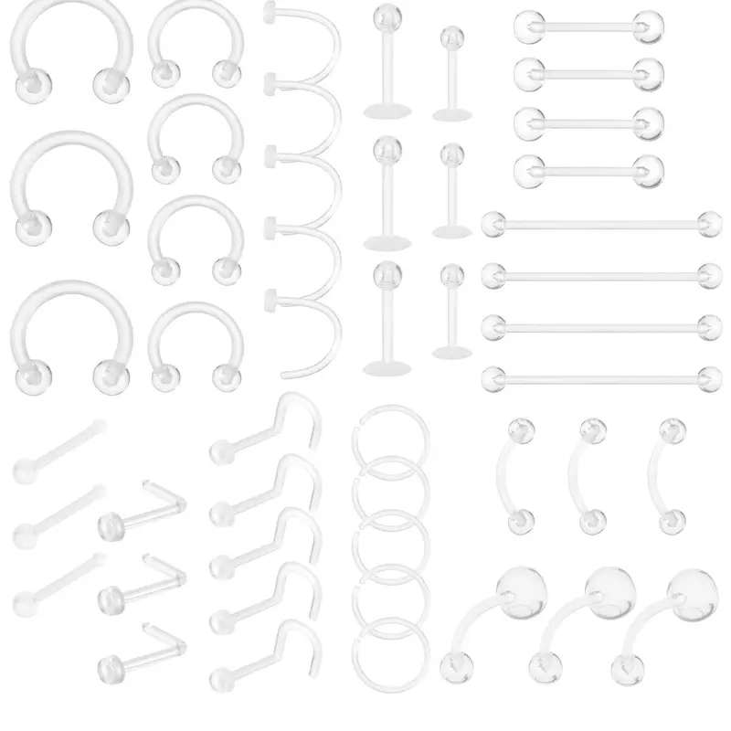 Transparent Body Piercing Kit, 48pcs/set Clear Plastic Nose Ring, Lip Ring, Earring, Navel Ring, Belly Button Piercing, Eyebrow Studs, Body Piercing Jewelry for Women & Men, Nose Piercings Kit, Piercing Party Pack