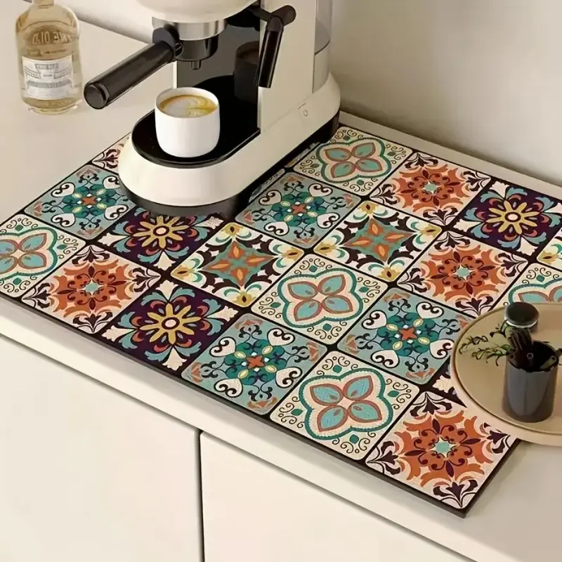Floral Pattern Coffee Machine Mat, 1 Count Non-slip Absorbent Coffee Machine Mat, Kitchen Countertop Dish Drying Mat, Coffee Bar Accessories, Mat for Coffee Maker, Decorative Mat, Place Mat