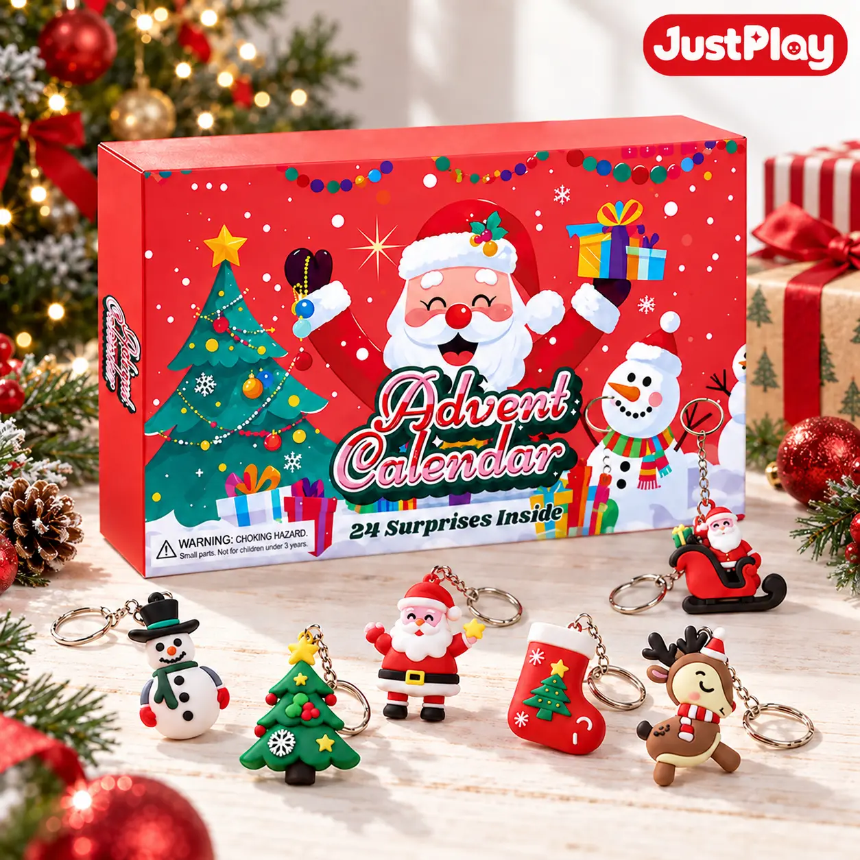 【JustPlay Design】JustPlay Christmas or Halloween 24-Day Advent Calendar with 24 Themed Keychains, Daily Surprise Countdown Gift Box for Holiday Gifting, Party Favors and Bag Charms