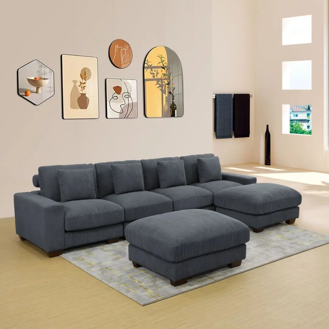 6-Seat Fixed Sectional Dark Grey Corduroy Sofa Set - Luxury Low-Profile High-Resistance Easy-Maintenance Indoor Lounge Furniture with Thick Fabric for Living Rooms