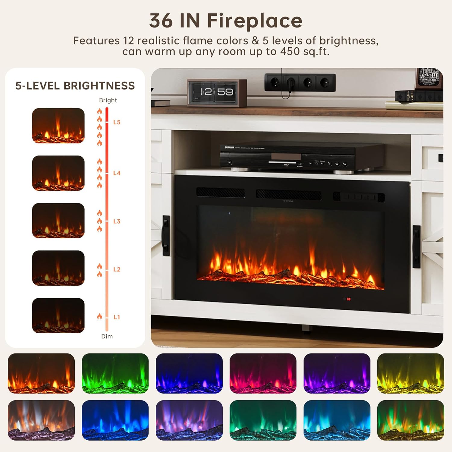 Oneinmil 70" Fireplace TV Stand for TVs up to 80", Farmhouse Entertainment Center with Barn Doors & Storage Cabinets, White & Black Finish Oneinmil 70" Fireplace TV Stand for TVs up to 80", Farmhouse Entertainment Center with Barn Doors & Storage Cabinets, White & Black Finish