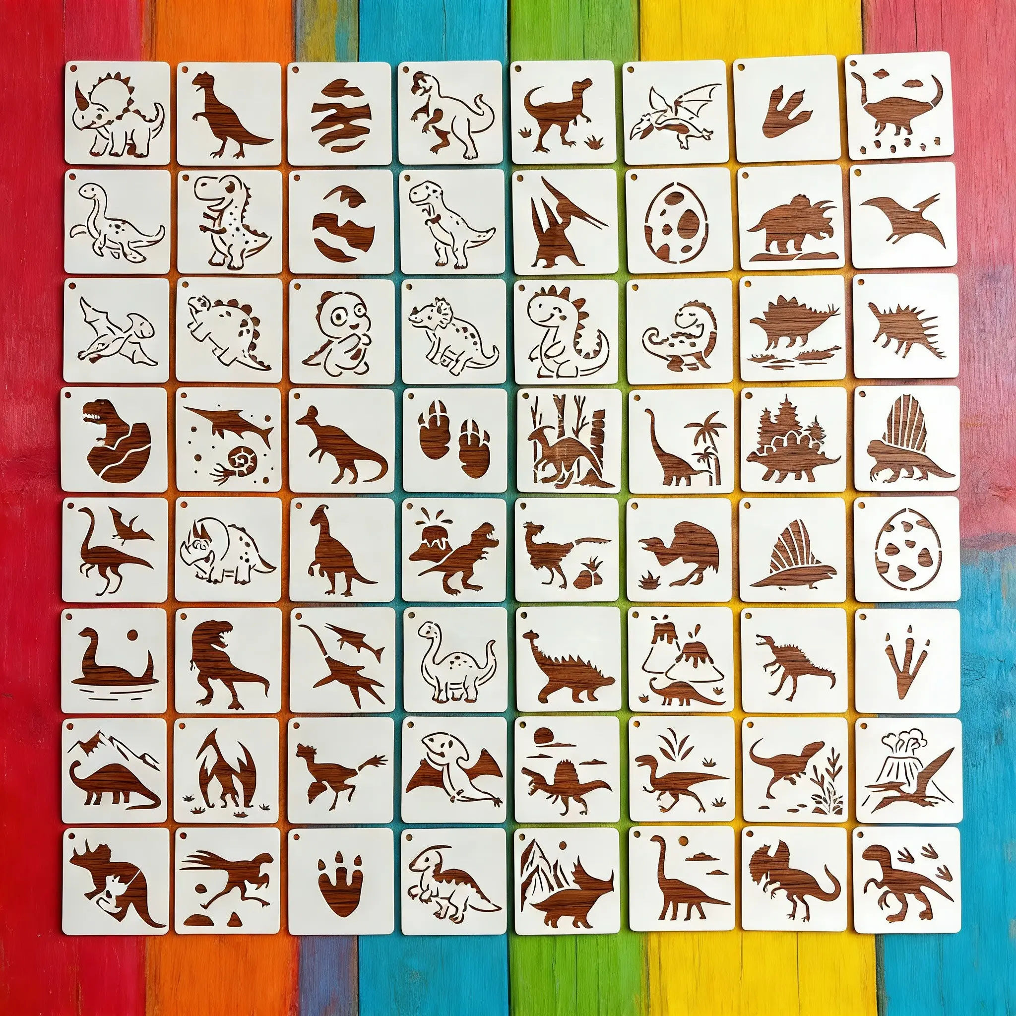64pcs Dinosaur Hollow Painting Templates Mini Pattern Decoration Handmade Album Cover Plastic Template for Wood Fabric Wall Paper Reusable Washable Art Painting Supplies Art Craft Supplies Art Materials